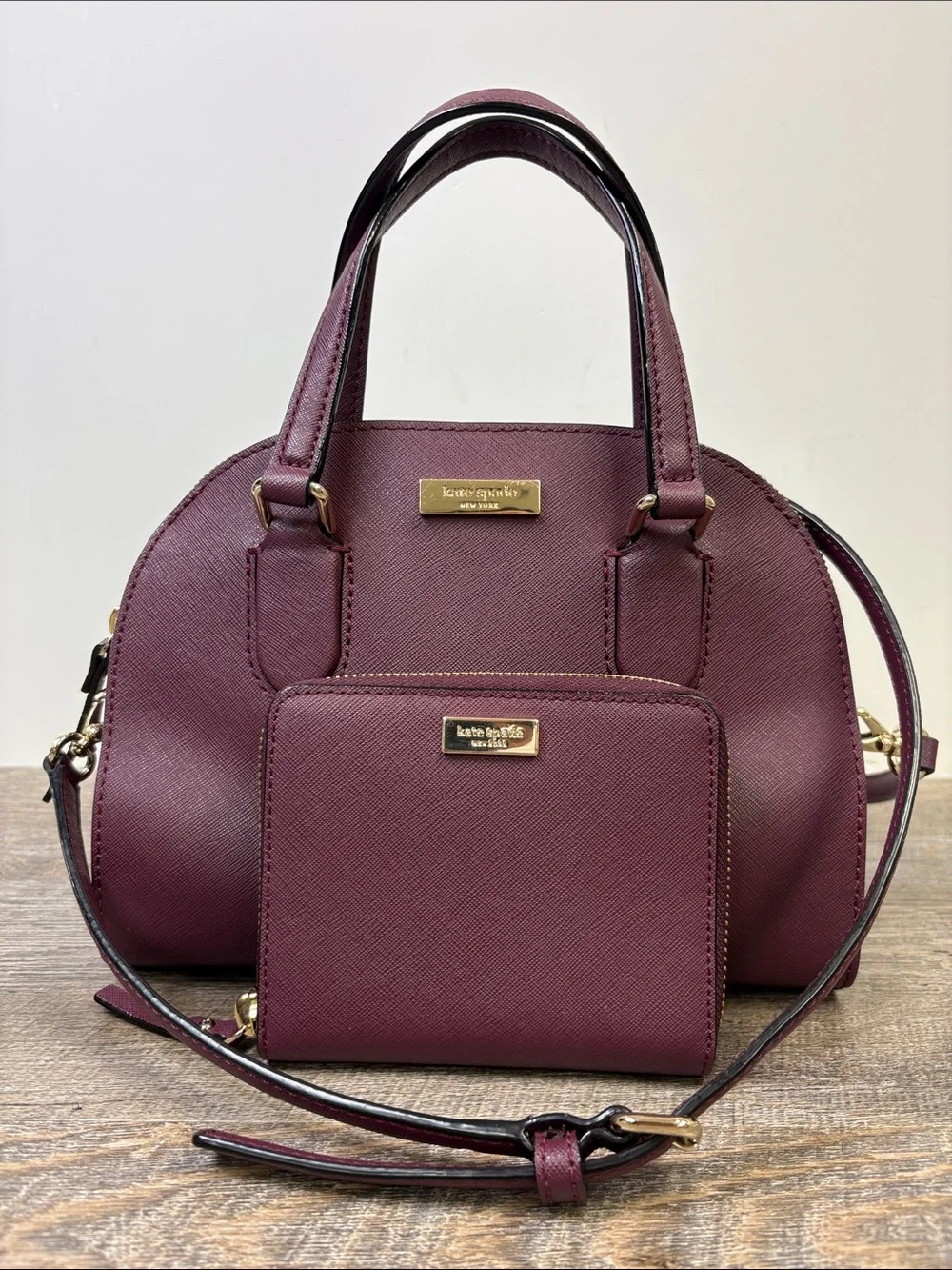 Kate Spade New York Burgundy Saffiano Satchel Crossbody Bag + Wallet Set